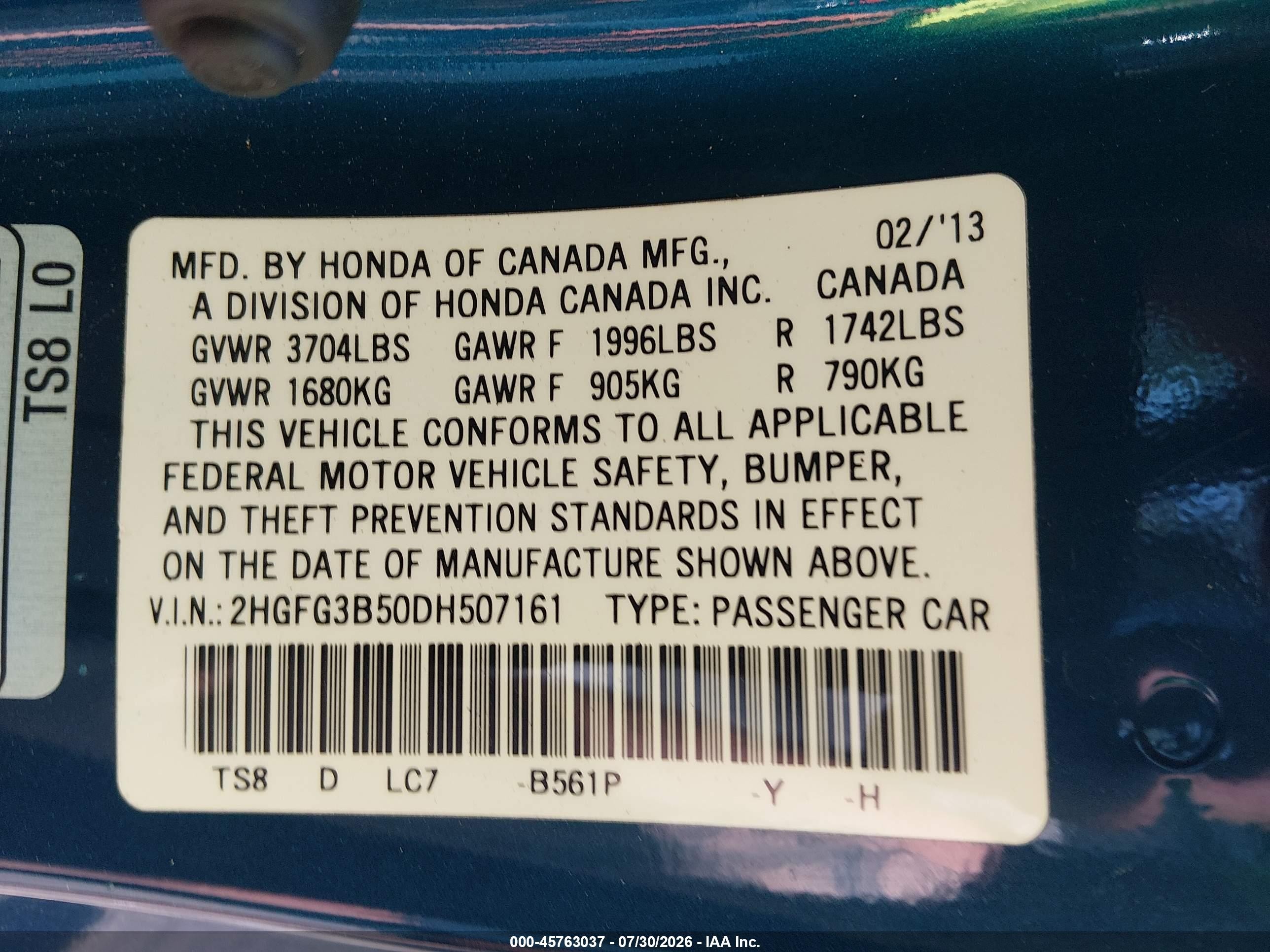2013 Honda Civic Lx Blue vin: 2HGFG3B50DH507161