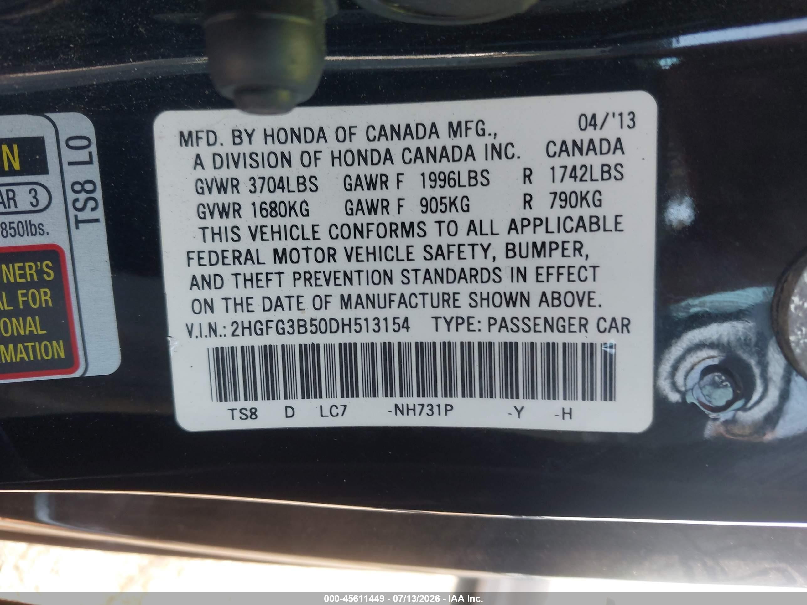 2013 Honda Civic Lx Black vin: 2HGFG3B50DH513154