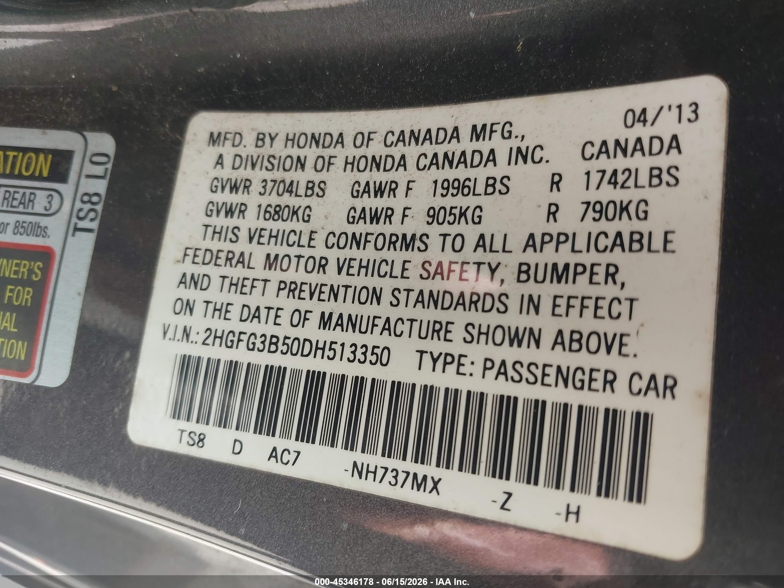 2013 Honda Civic Lx Gray vin: 2HGFG3B50DH513350