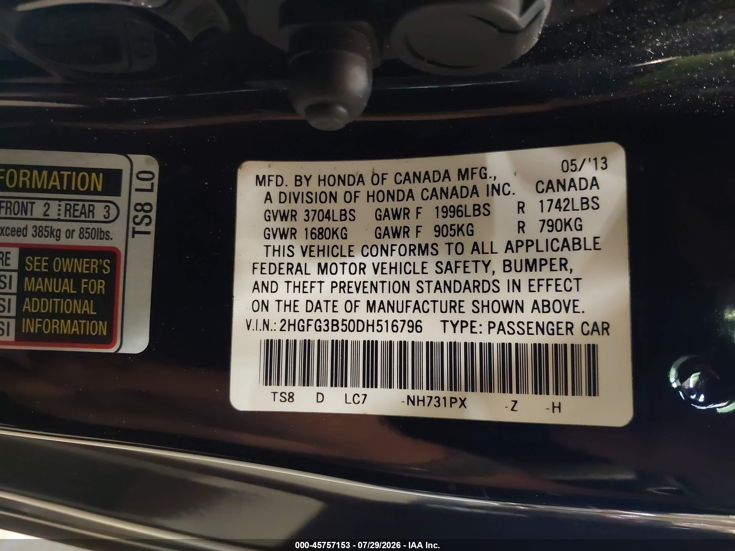 2013 Honda Civic Lx Black vin: 2HGFG3B50DH516796