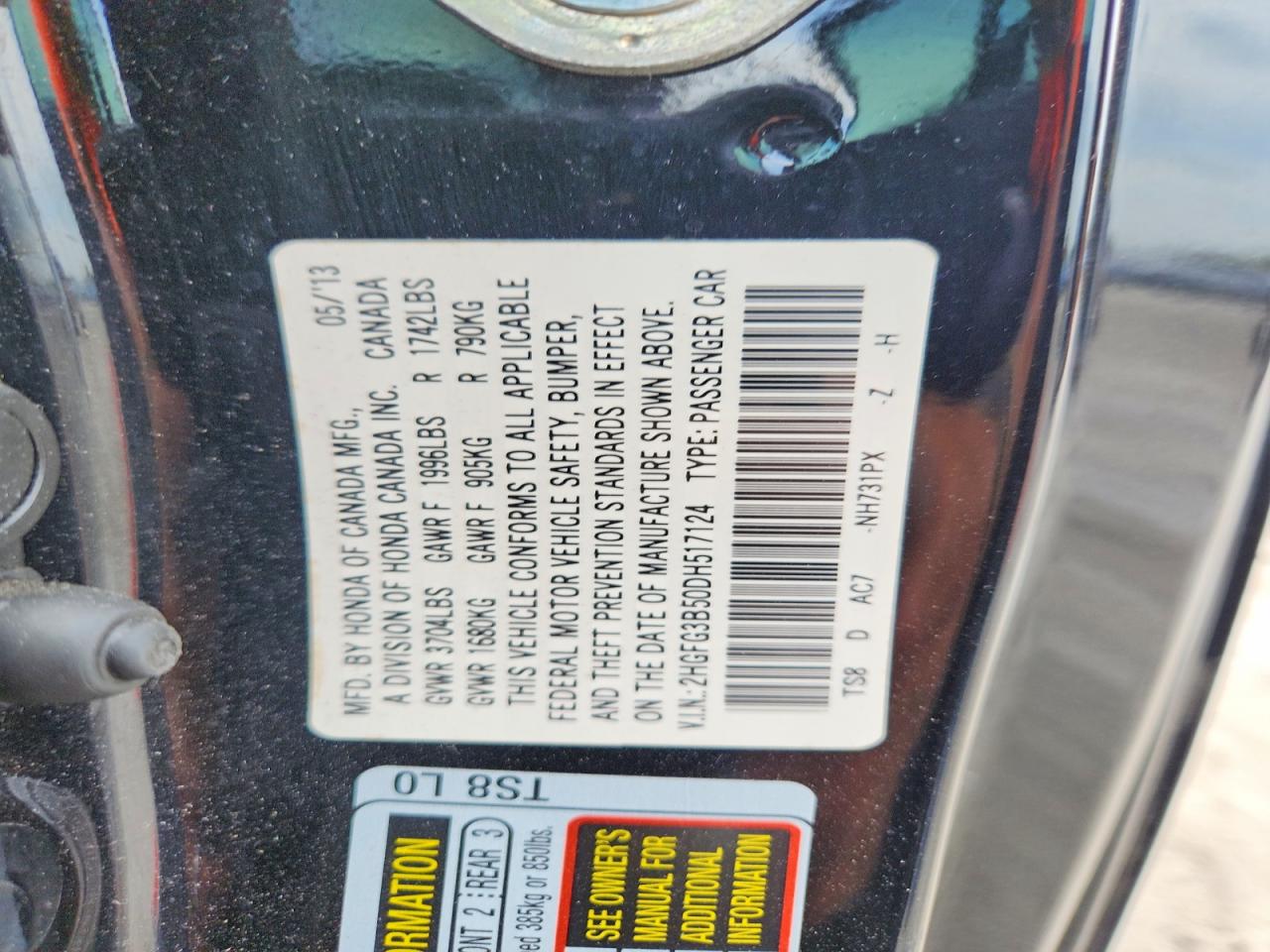 2013 Honda Civic Lx Black vin: 2HGFG3B50DH517124