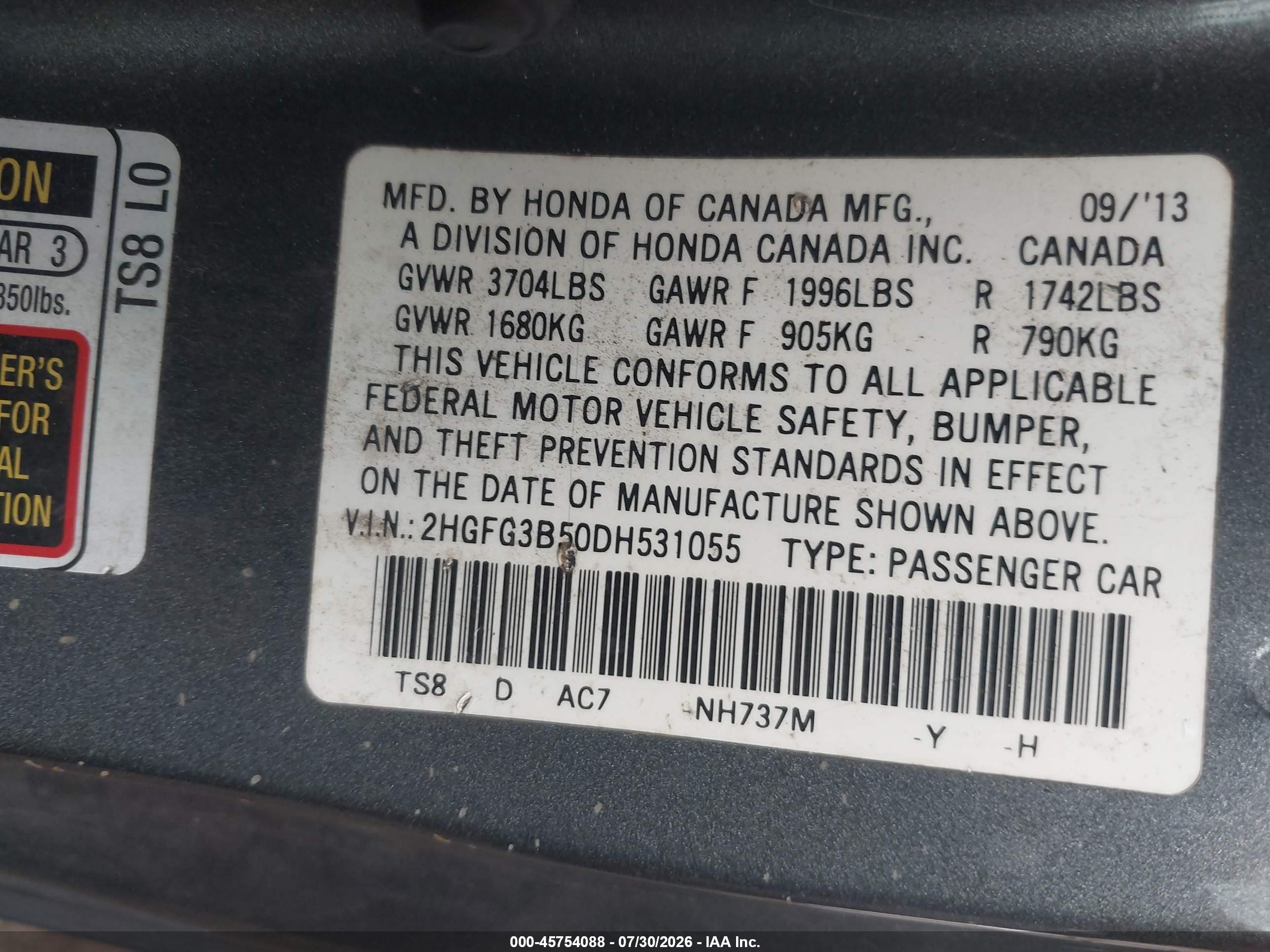2013 Honda Civic Lx Серый vin: 2HGFG3B50DH531055
