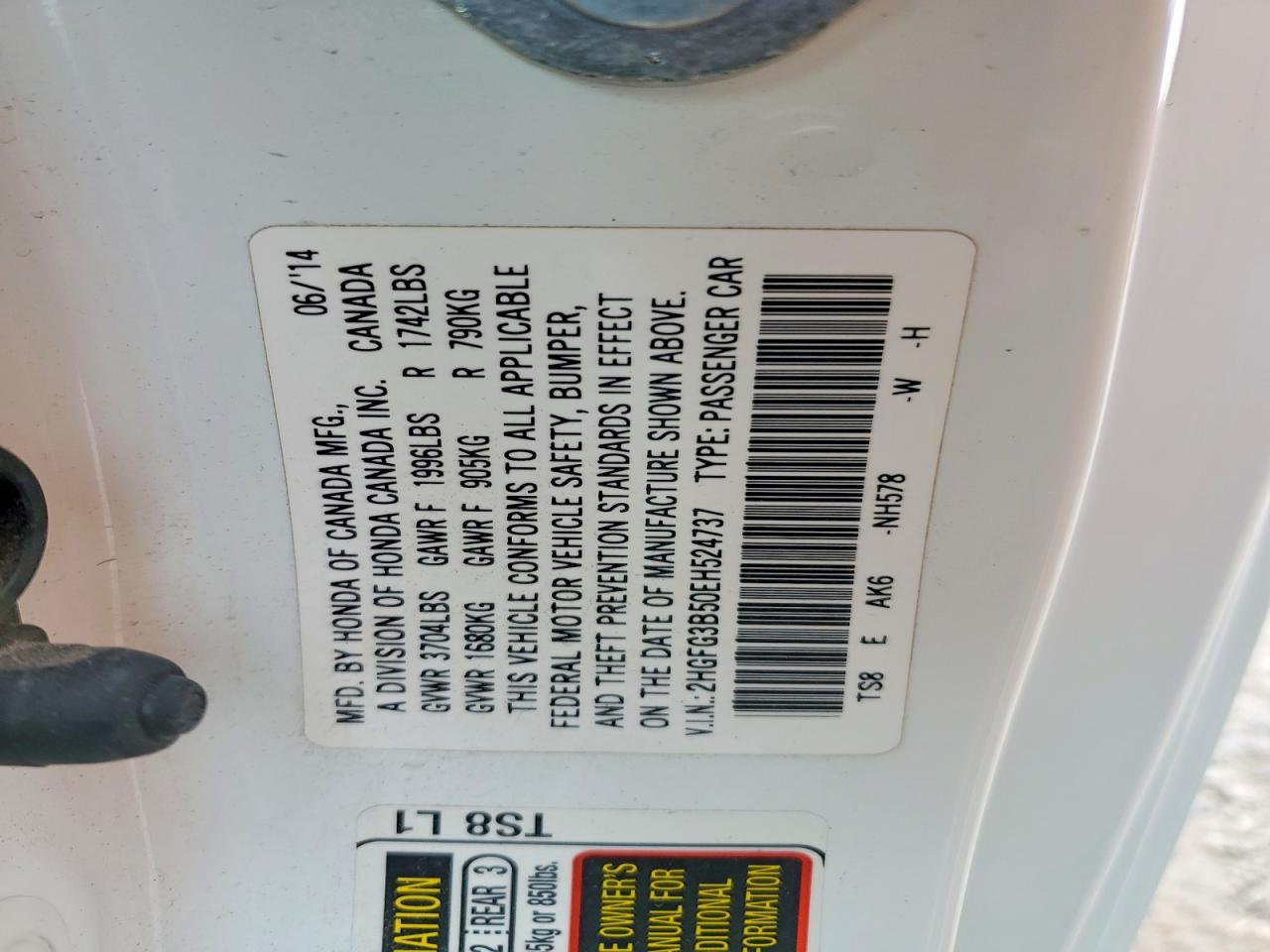 2014 Honda Civic Lx White vin: 2HGFG3B50EH524737
