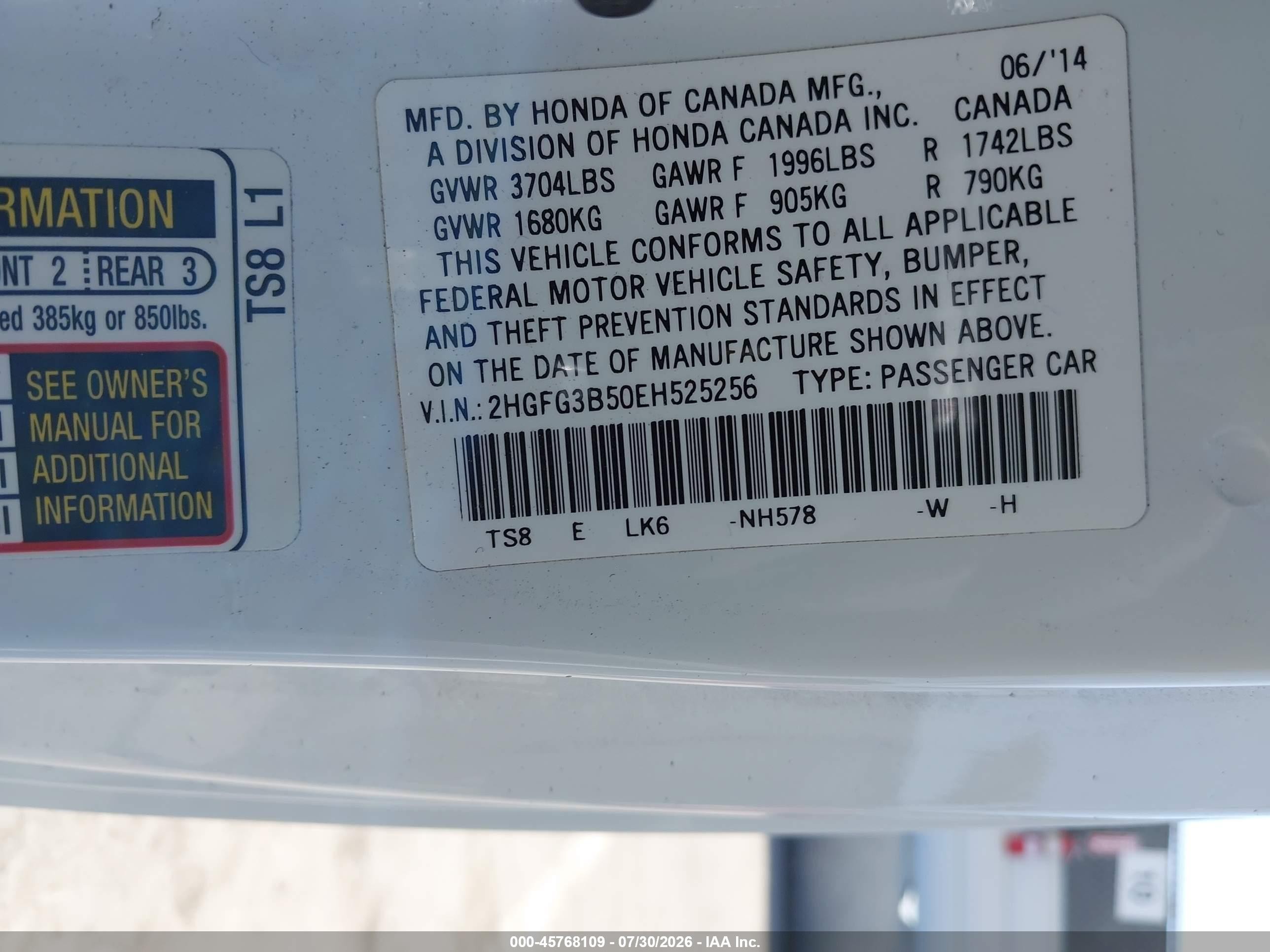 2014 Honda Civic Lx White vin: 2HGFG3B50EH525256