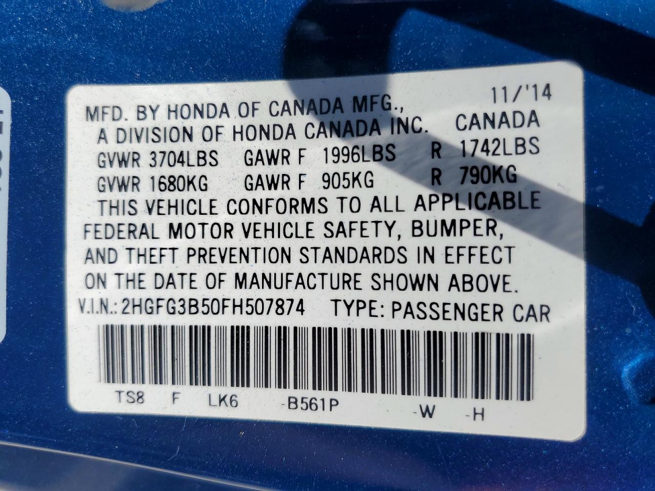 2015 Honda Civic Lx Синий vin: 2HGFG3B50FH507874