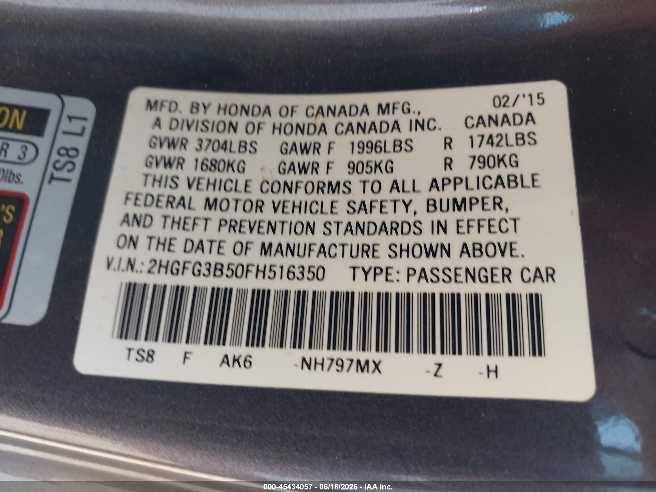 2015 Honda Civic Lx Gray vin: 2HGFG3B50FH516350