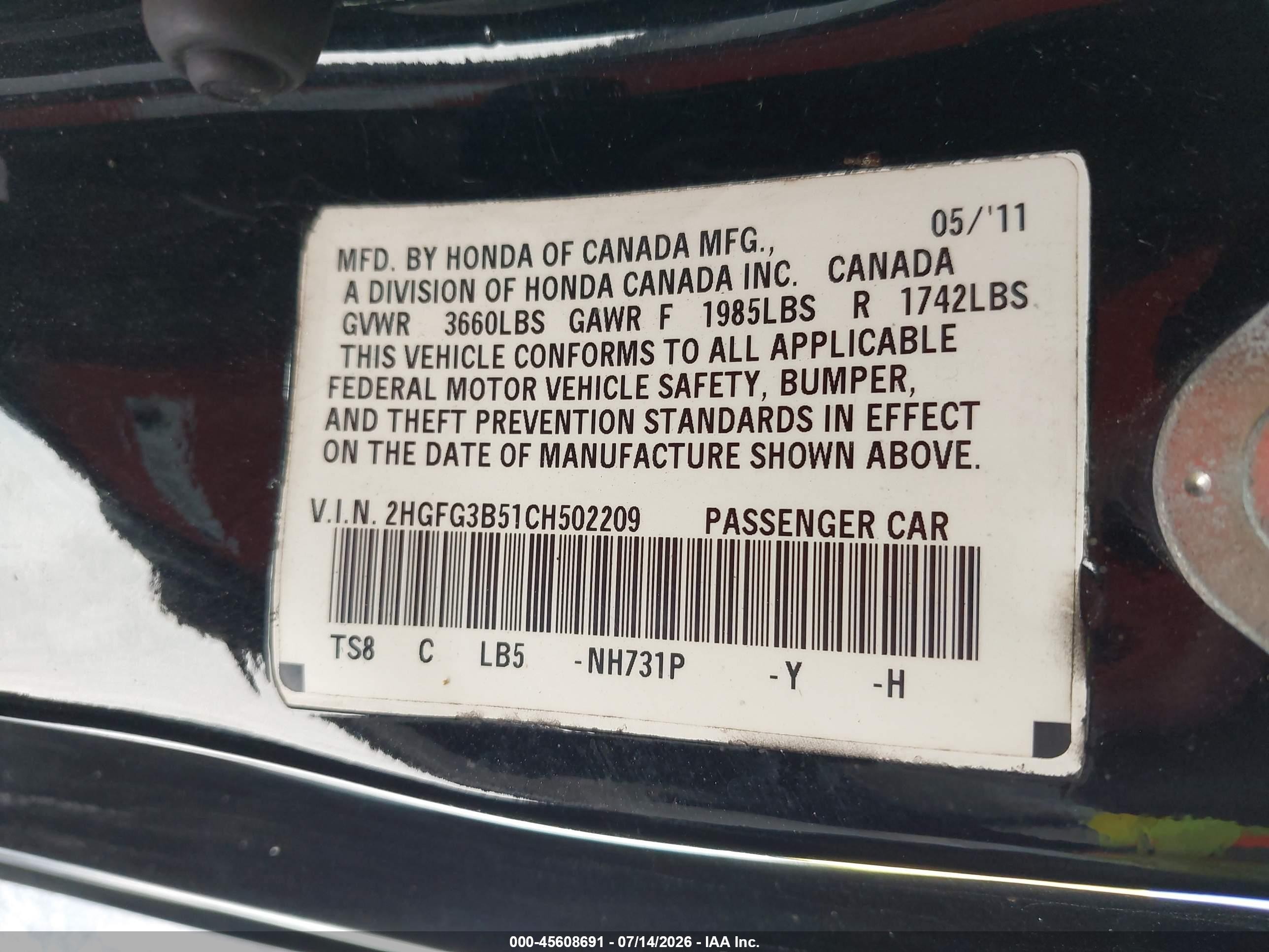2012 Honda Civic Lx Черный vin: 2HGFG3B51CH502209