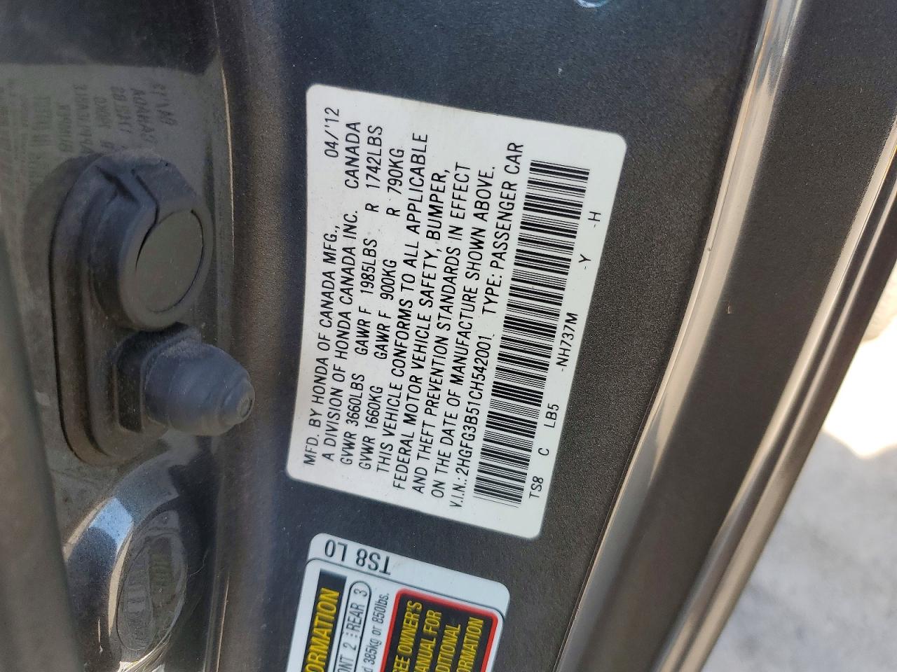 2012 Honda Civic Lx Gray vin: 2HGFG3B51CH542001