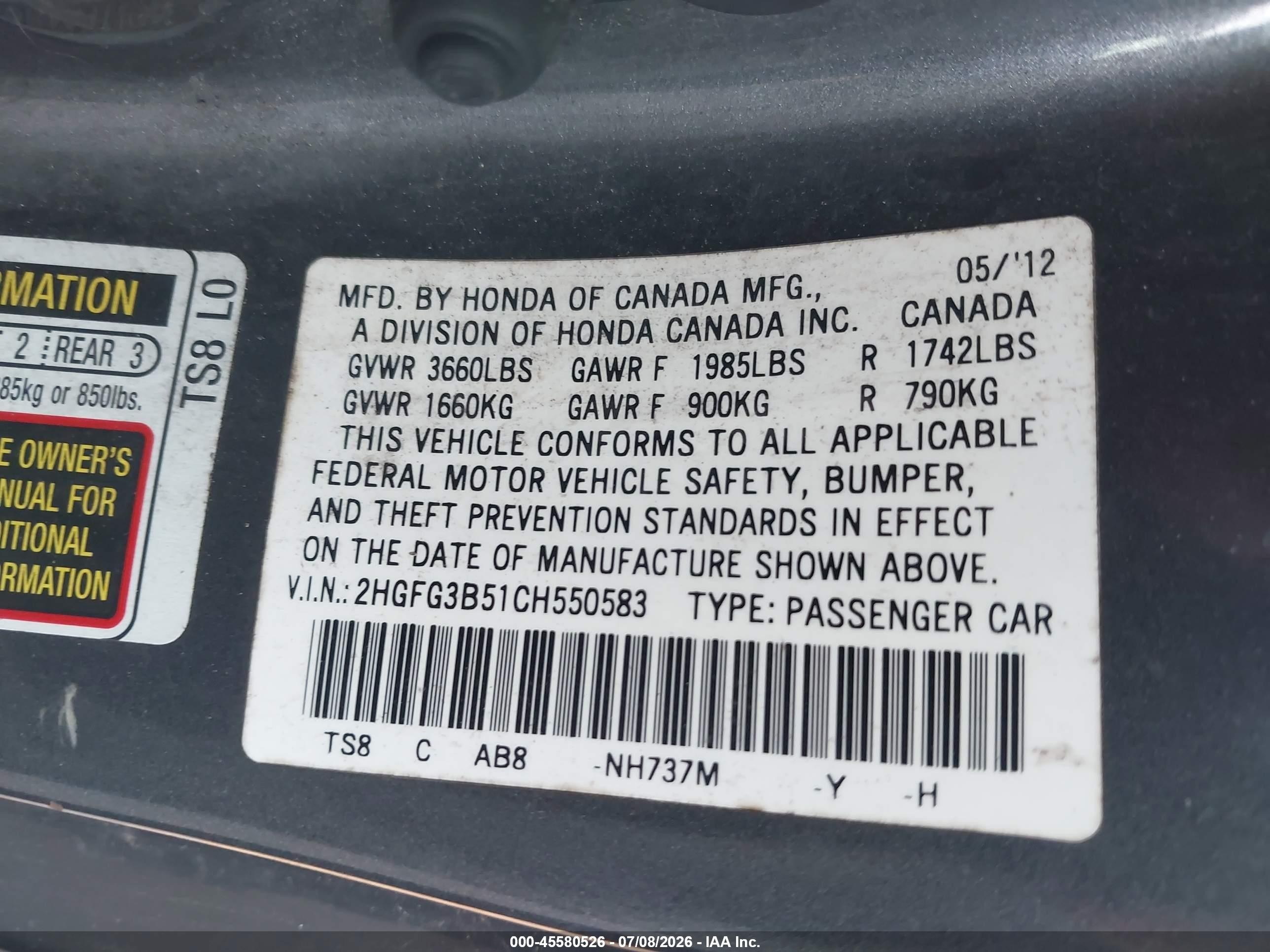2012 Honda Civic Lx Gray vin: 2HGFG3B51CH550583
