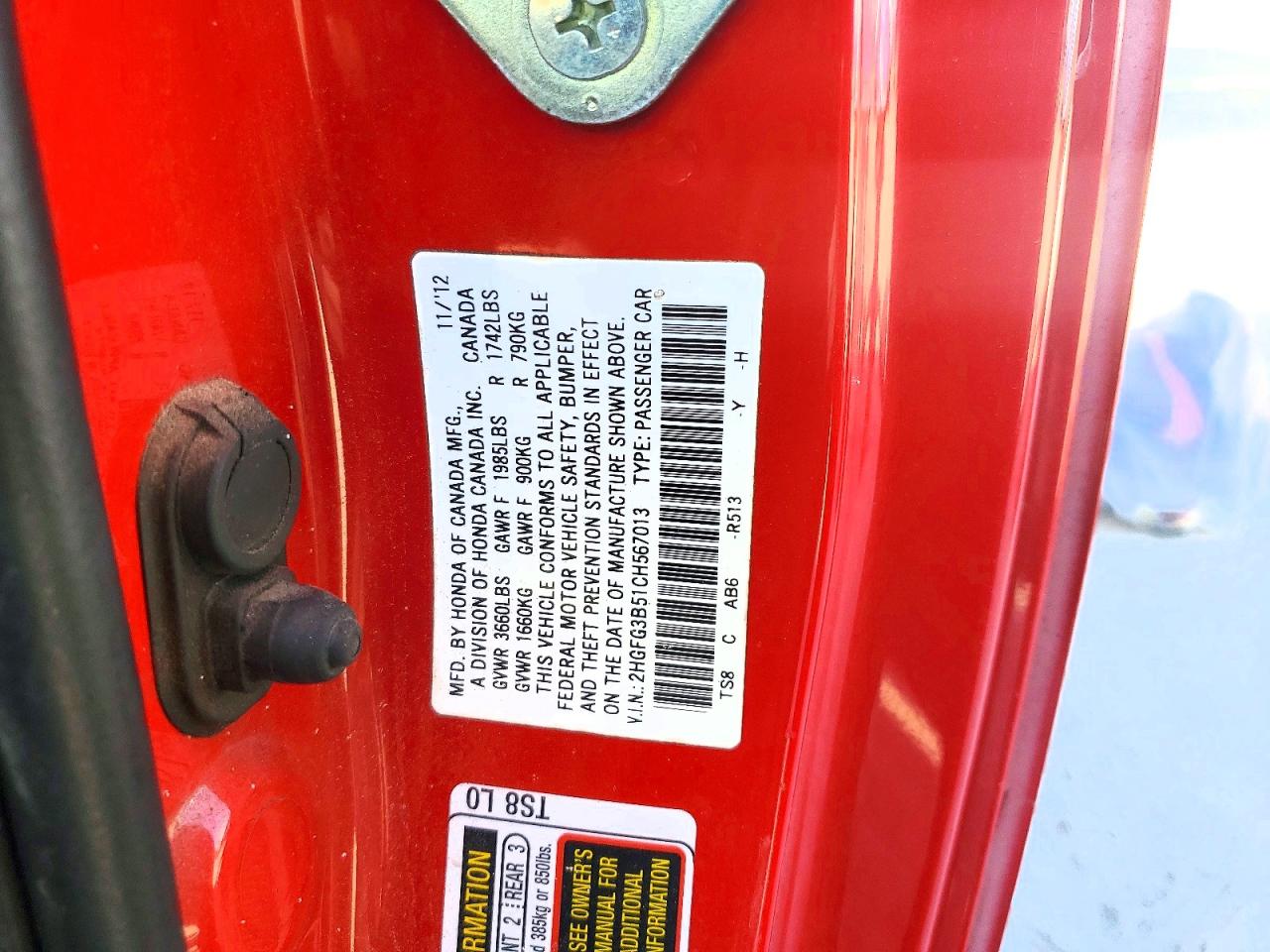 2012 Honda Civic Lx Red vin: 2HGFG3B51CH567013
