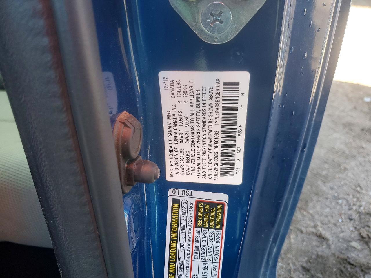 2013 Honda Civic Lx Blue vin: 2HGFG3B51DH501093
