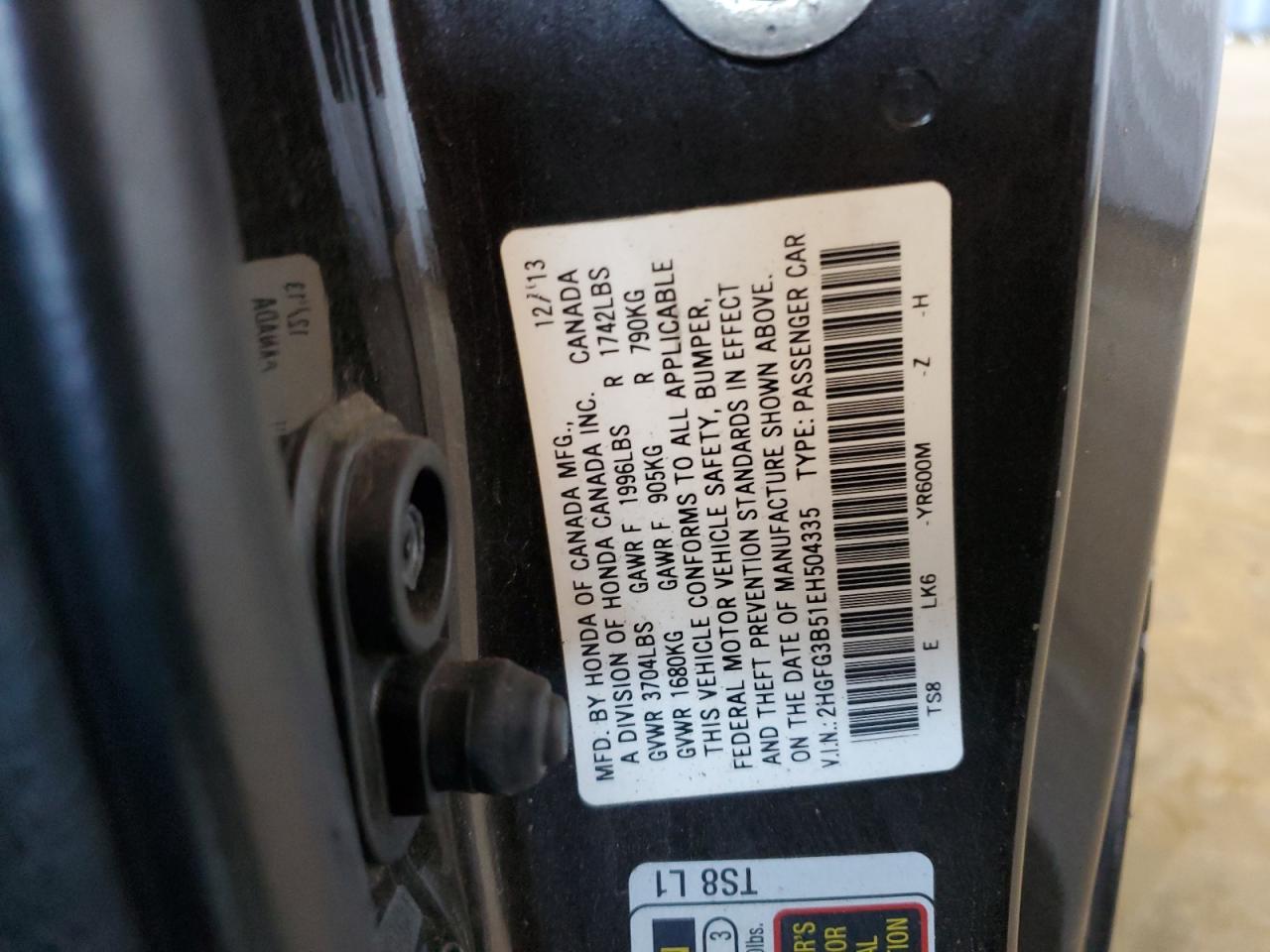 2014 Honda Civic Lx Black vin: 2HGFG3B51EH504335