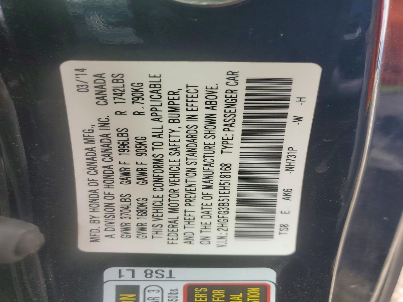 2014 Honda Civic Lx Black vin: 2HGFG3B51EH518168