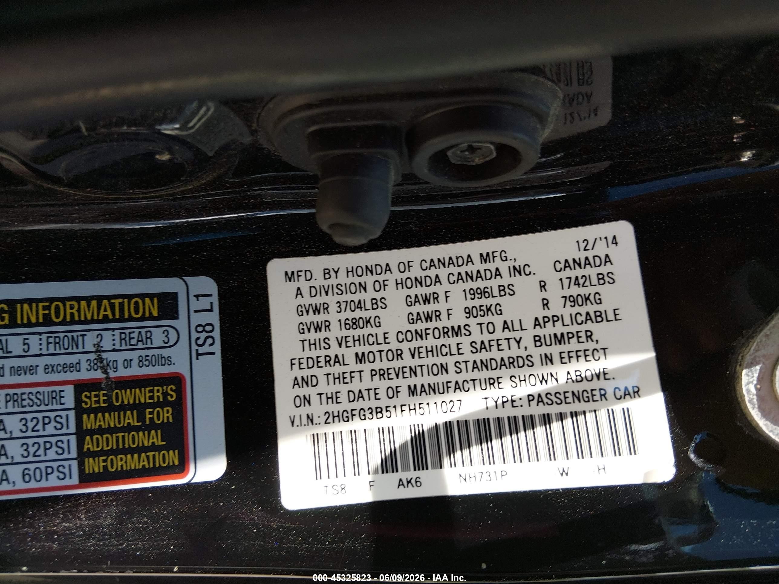 2015 Honda Civic Lx Black vin: 2HGFG3B51FH511027