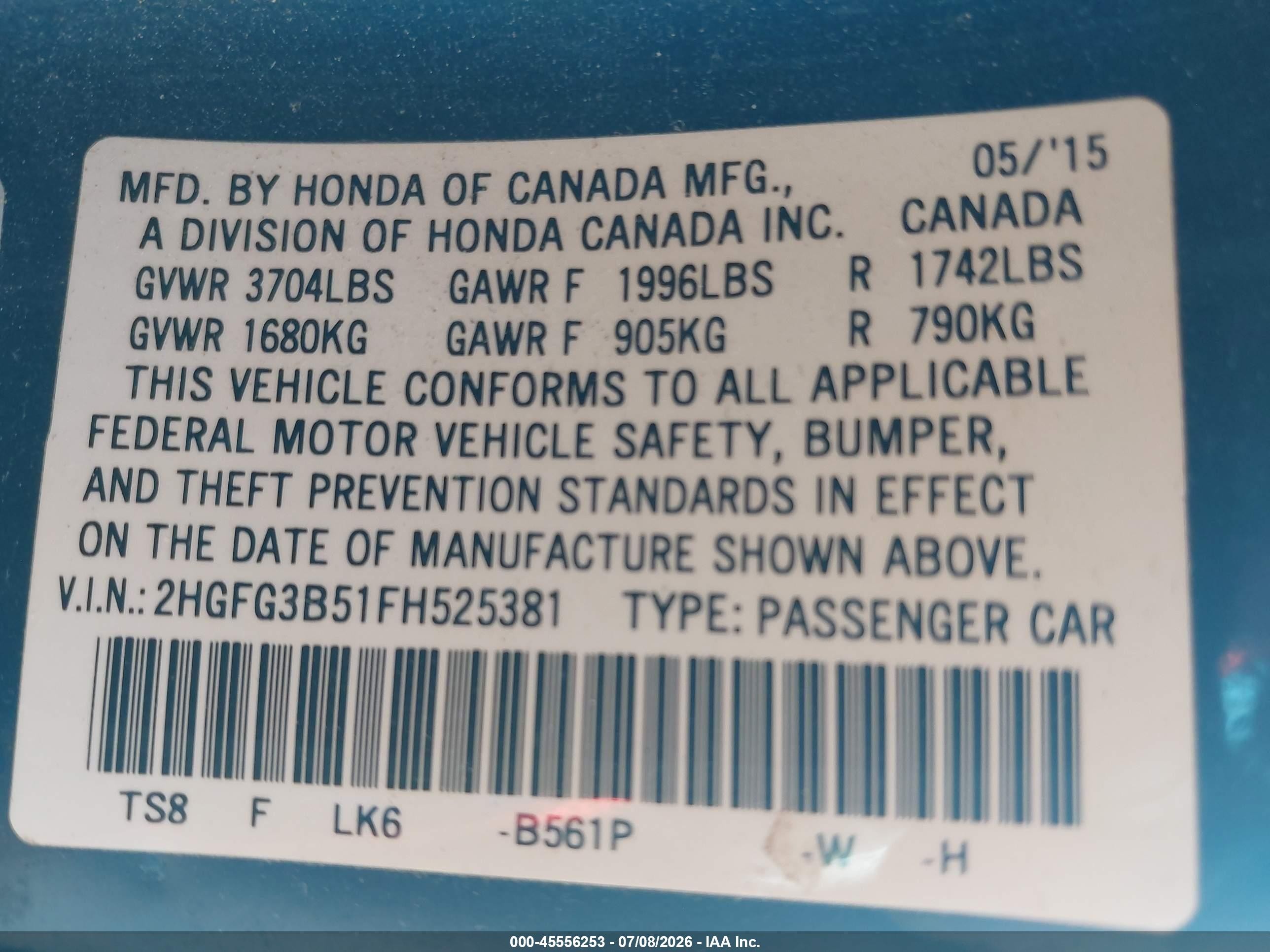 2015 Honda Civic Lx Blue vin: 2HGFG3B51FH525381