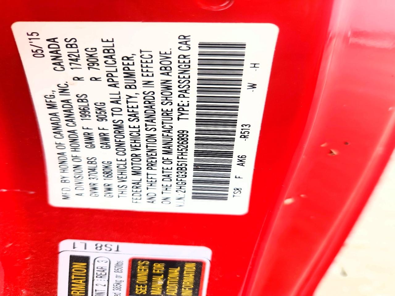2015 Honda Civic Lx Red vin: 2HGFG3B51FH526899