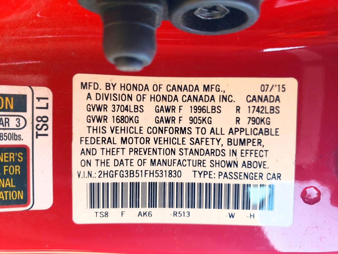 2015 Honda Civic Lx Red vin: 2HGFG3B51FH531830