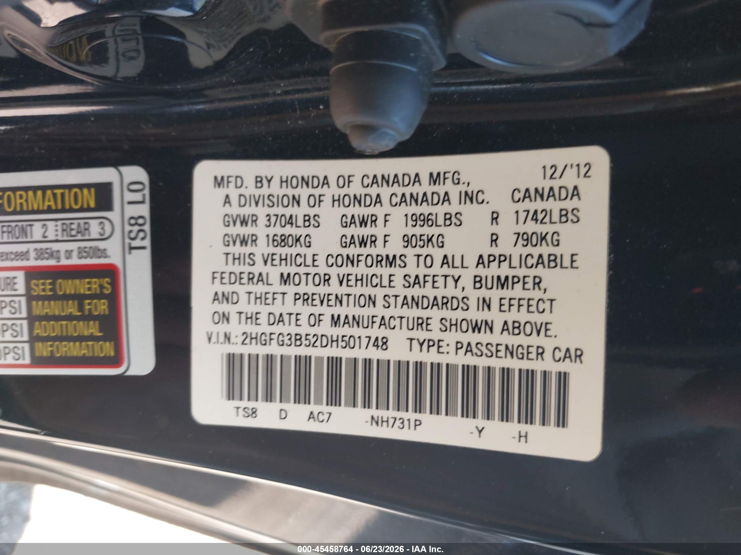 2013 Honda Civic Lx Black vin: 2HGFG3B52DH501748