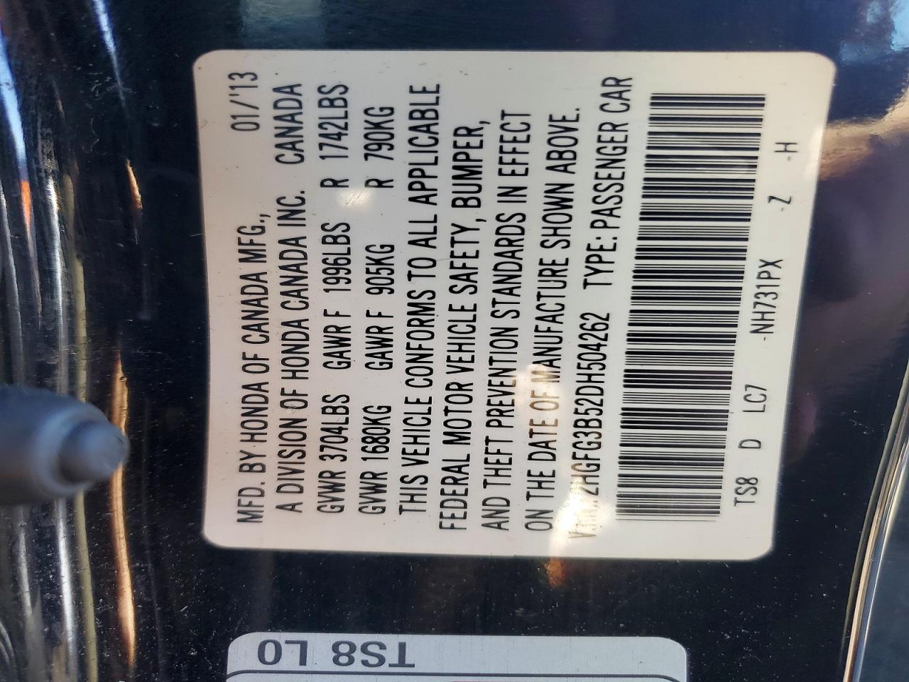 2013 Honda Civic Lx Black vin: 2HGFG3B52DH504262