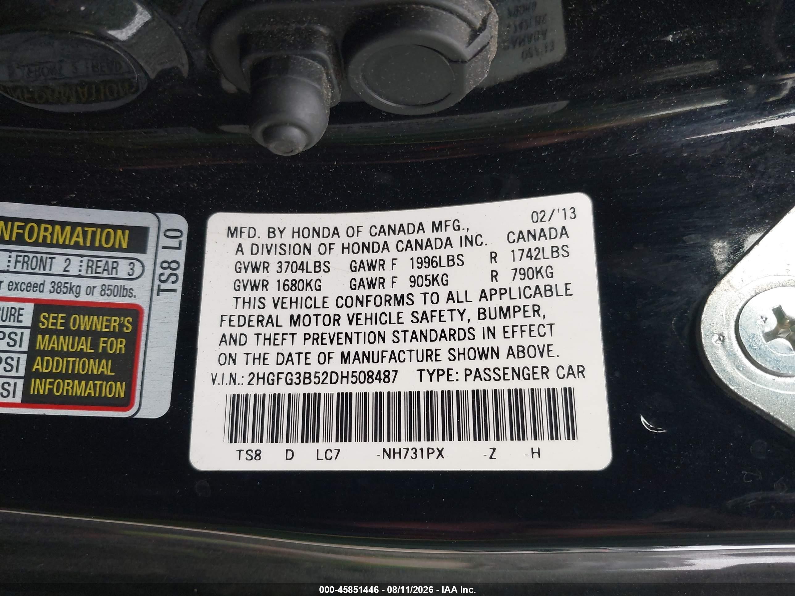 2013 Honda Civic Lx Black vin: 2HGFG3B52DH508487