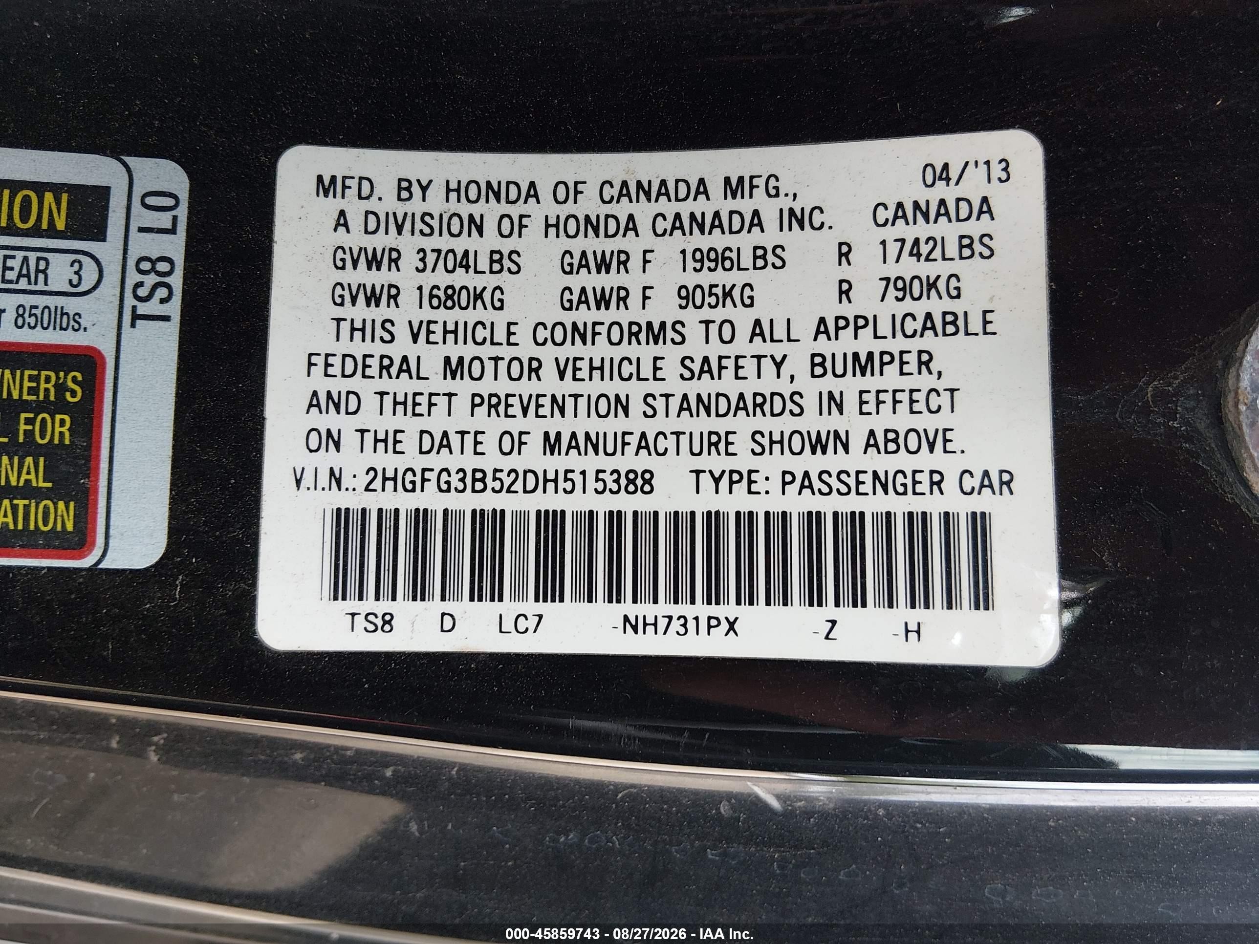 2013 Honda Civic Lx Black vin: 2HGFG3B52DH515388