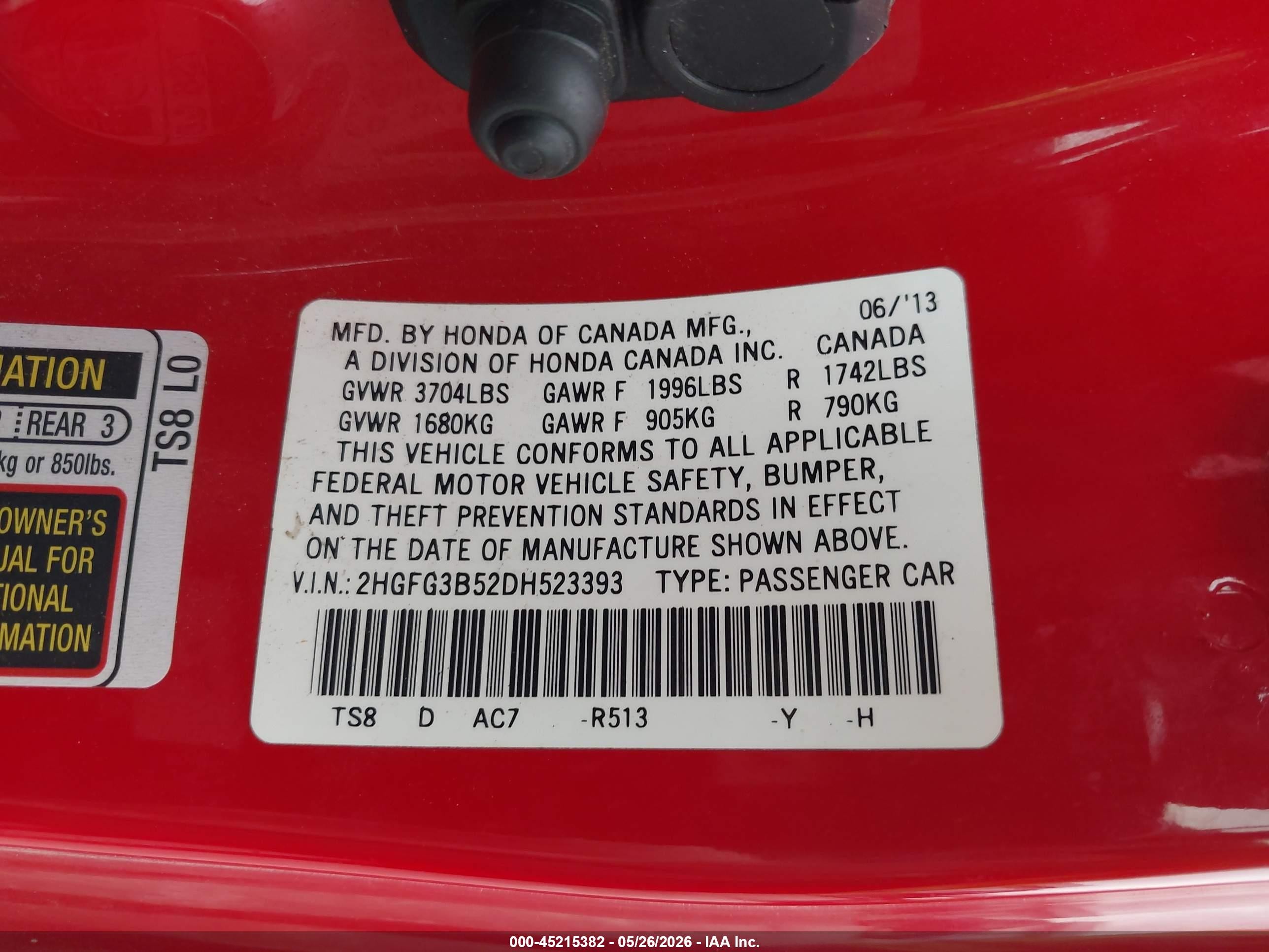 2013 Honda Civic Lx Red vin: 2HGFG3B52DH523393