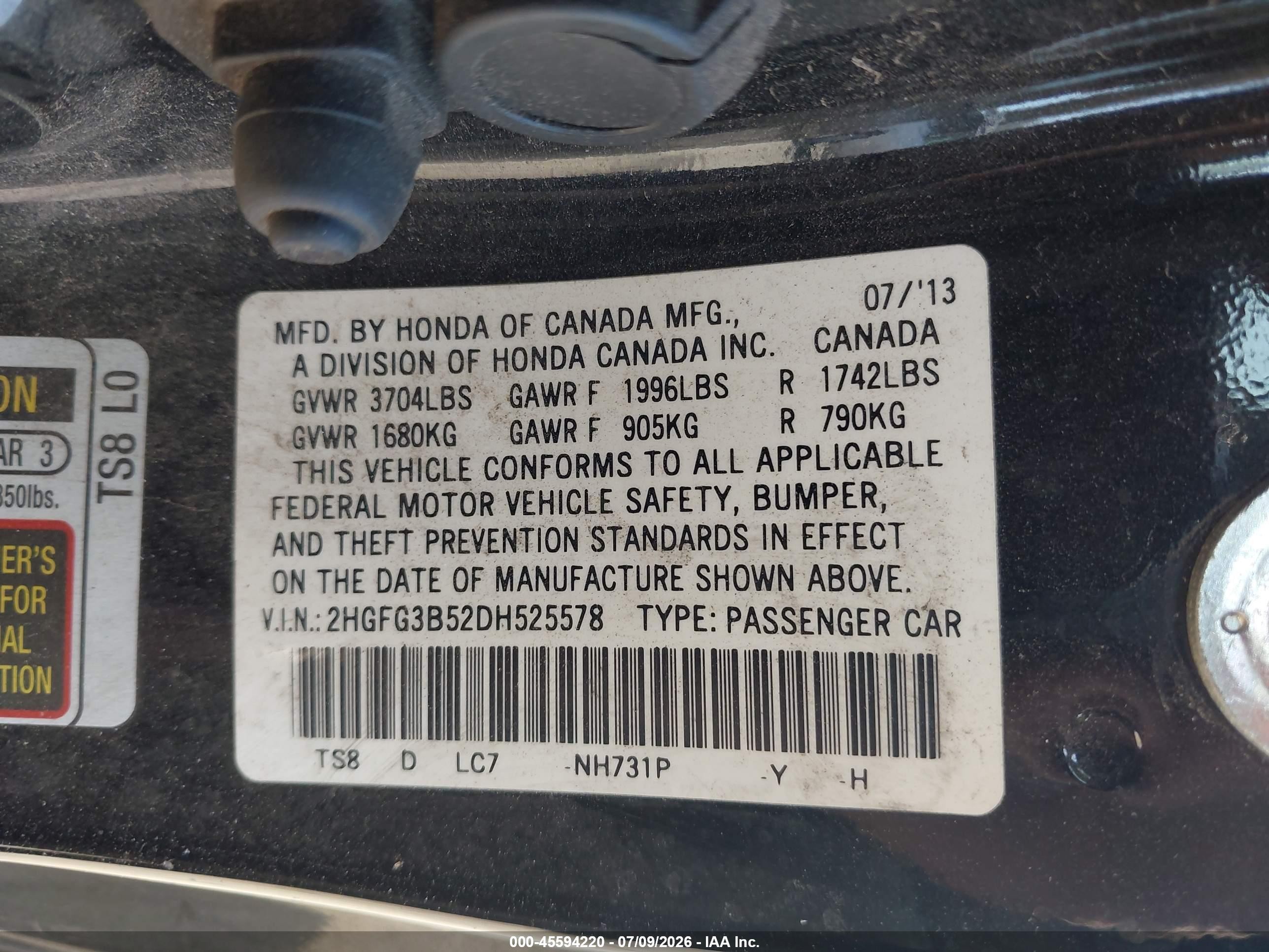 2013 Honda Civic Lx Black vin: 2HGFG3B52DH525578