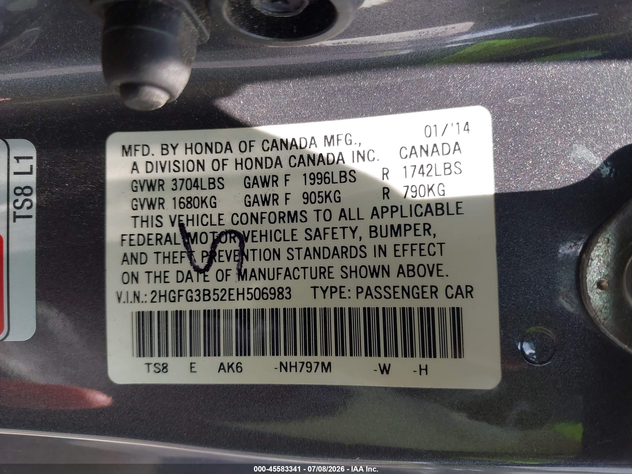 2014 Honda Civic Lx Gray vin: 2HGFG3B52EH506983