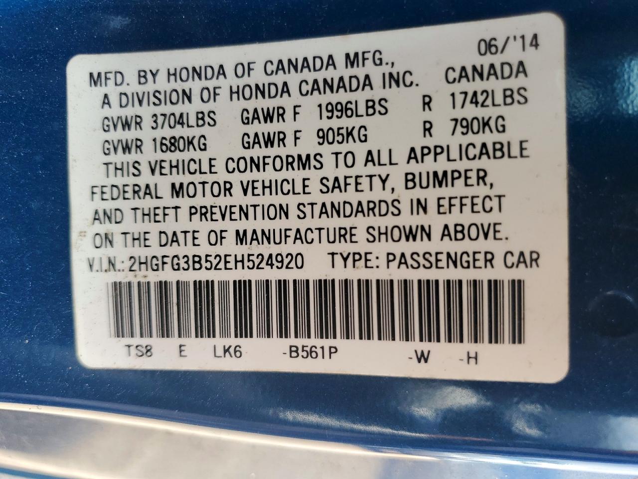 2014 Honda Civic Lx Blue vin: 2HGFG3B52EH524920