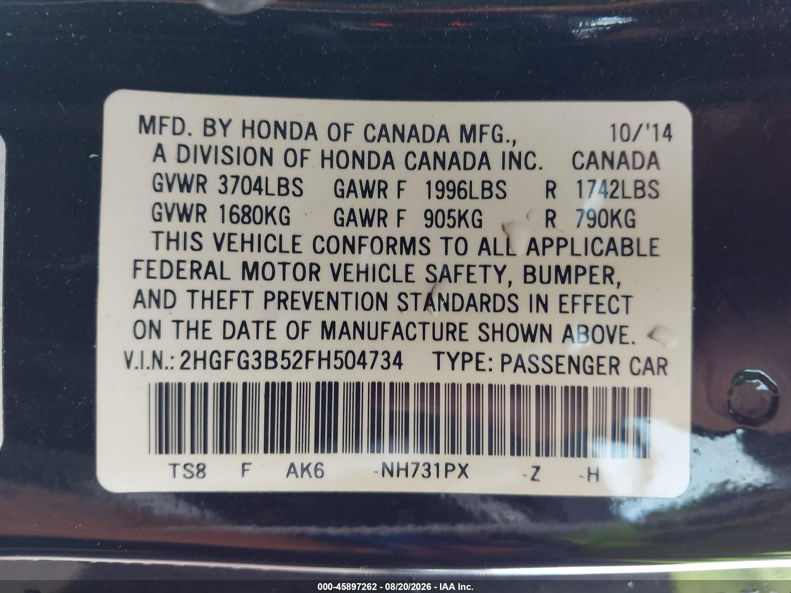2015 Honda Civic Lx Black vin: 2HGFG3B52FH504734