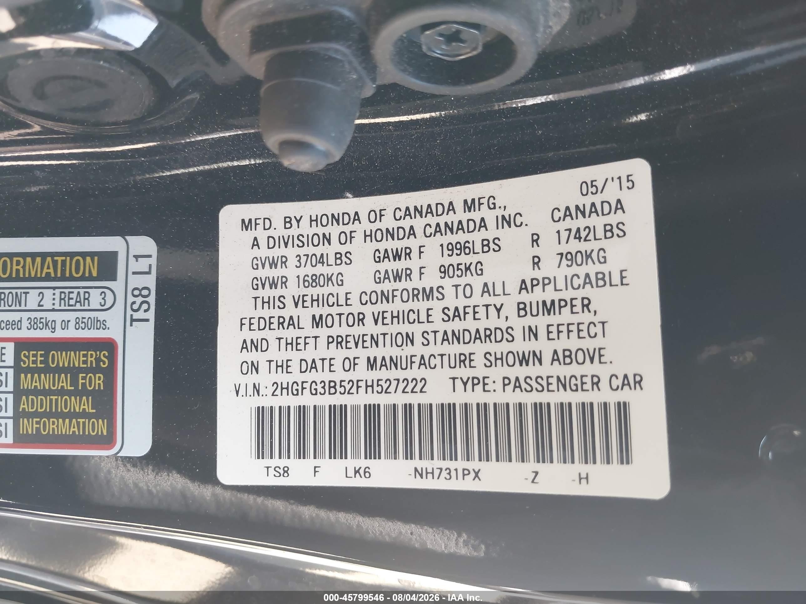2015 Honda Civic Lx Black vin: 2HGFG3B52FH527222