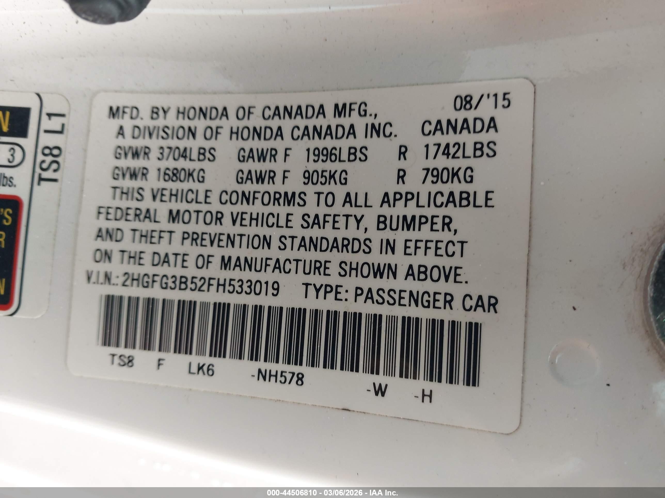2015 Honda Civic Lx White vin: 2HGFG3B52FH533019
