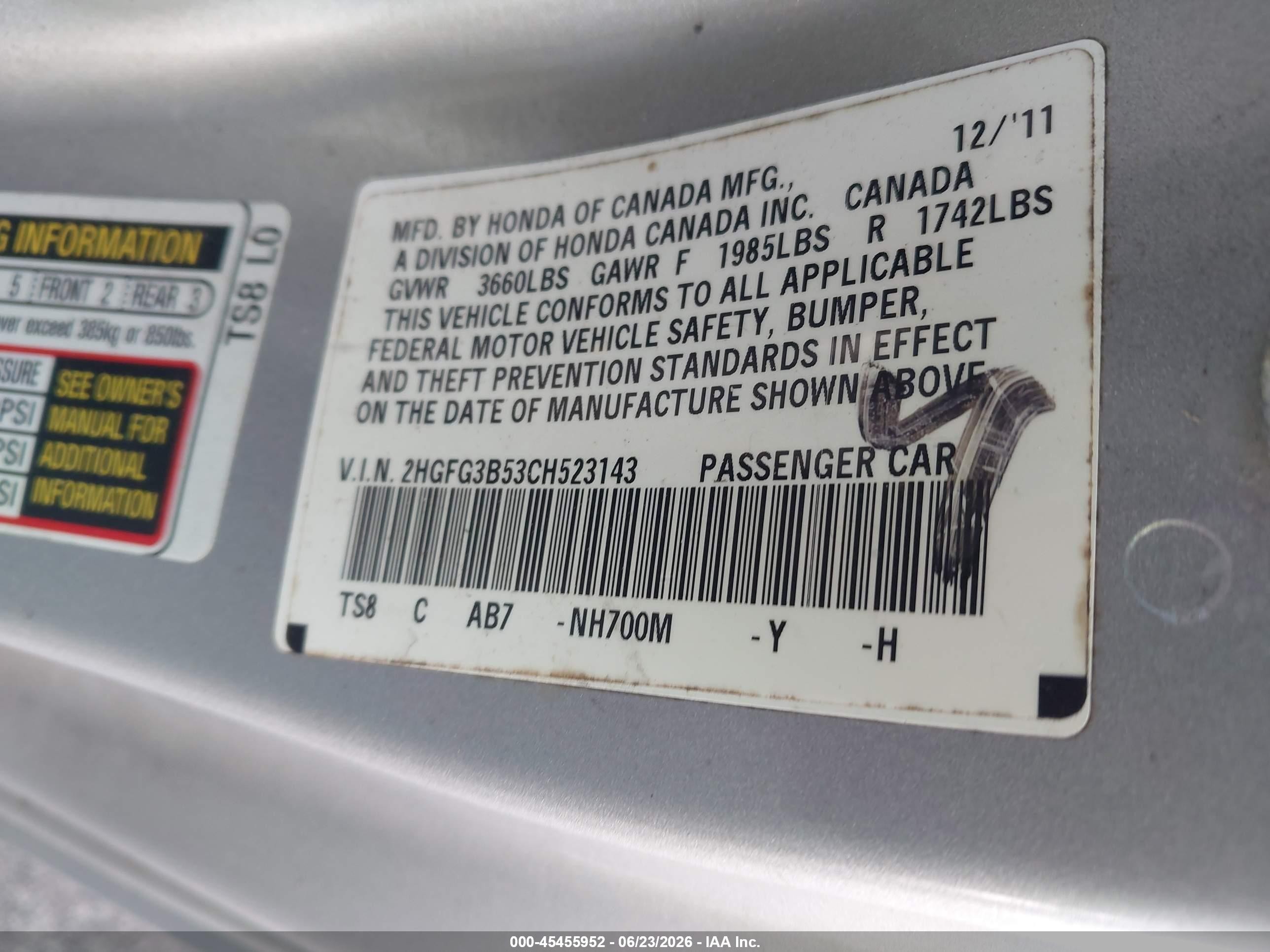 2012 Honda Civic Lx Серый vin: 2HGFG3B53CH523143