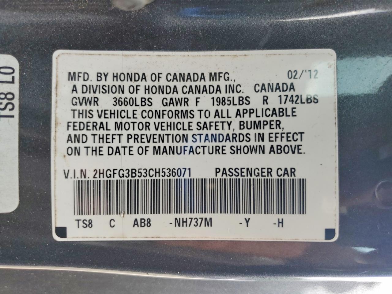2012 Honda Civic Lx Gray vin: 2HGFG3B53CH536071