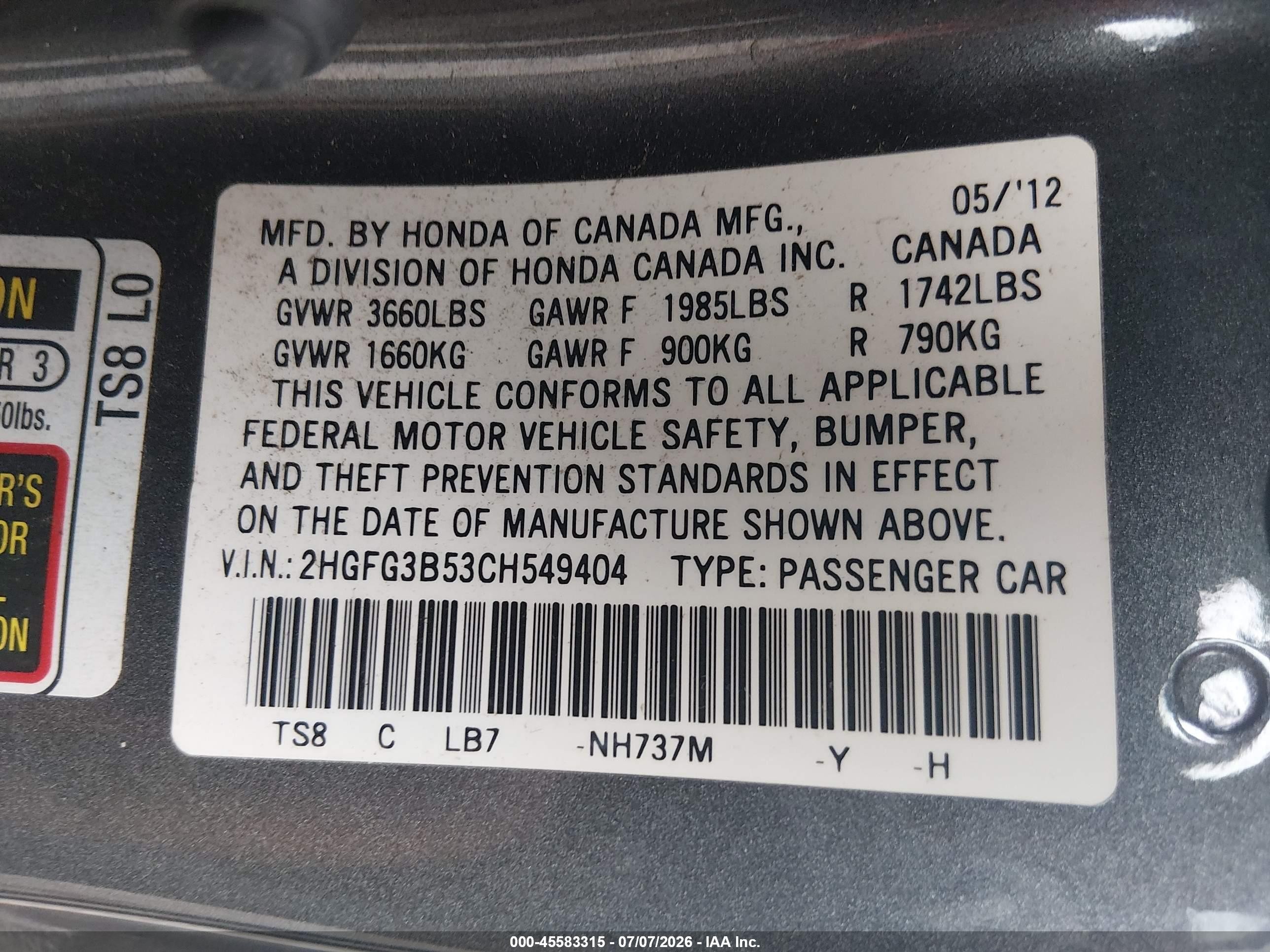 2012 Honda Civic Lx Gray vin: 2HGFG3B53CH549404