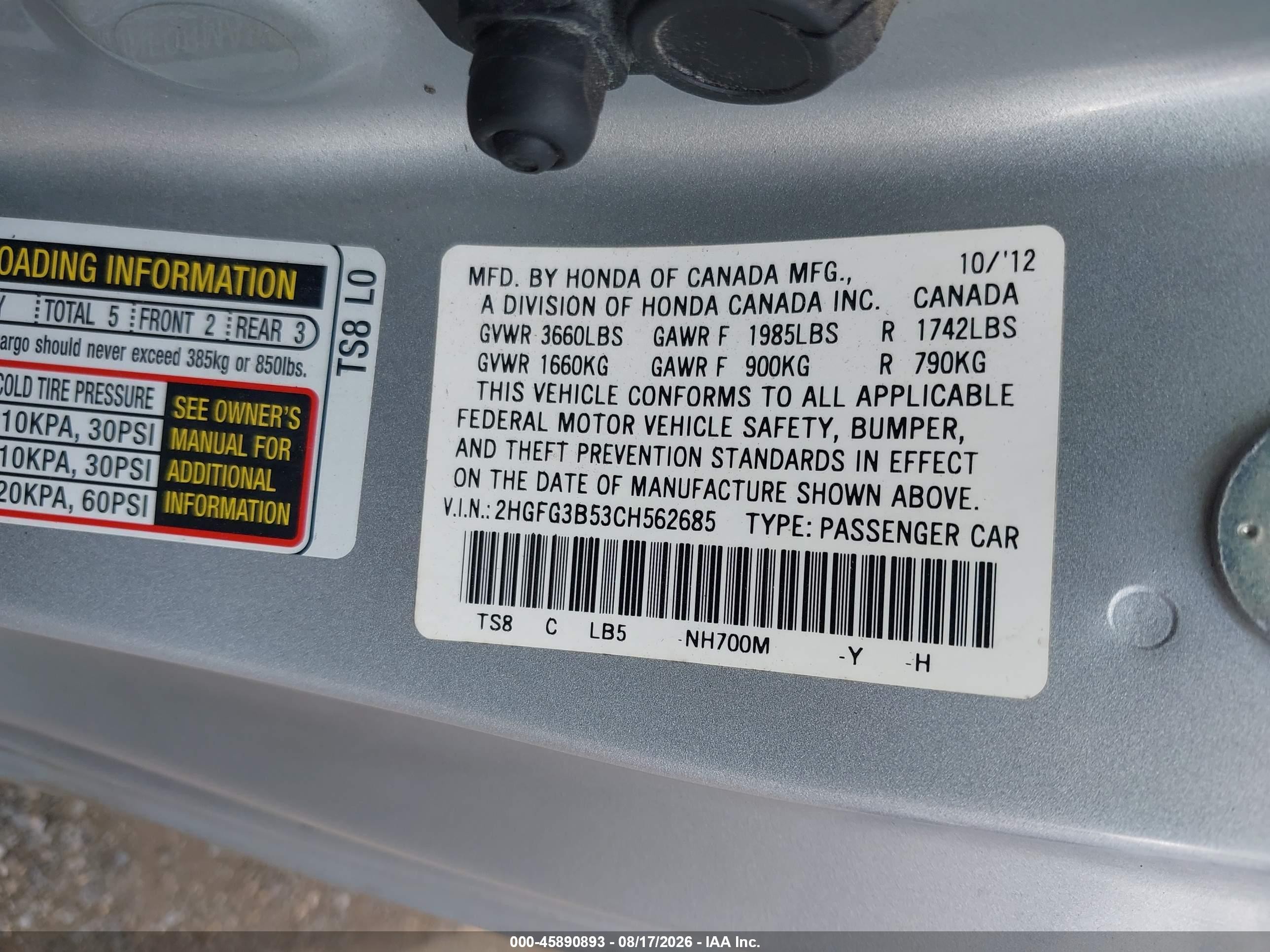 2012 Honda Civic Lx Silver vin: 2HGFG3B53CH562685