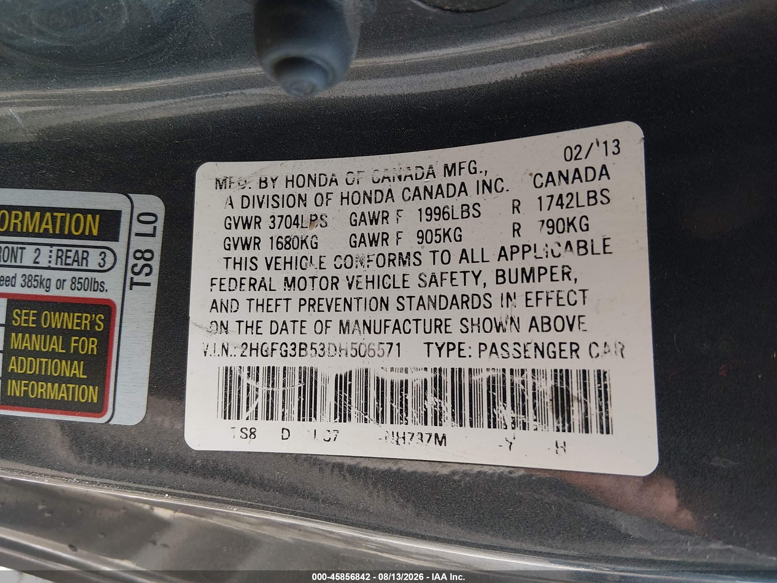 2013 Honda Civic Lx Серый vin: 2HGFG3B53DH506571