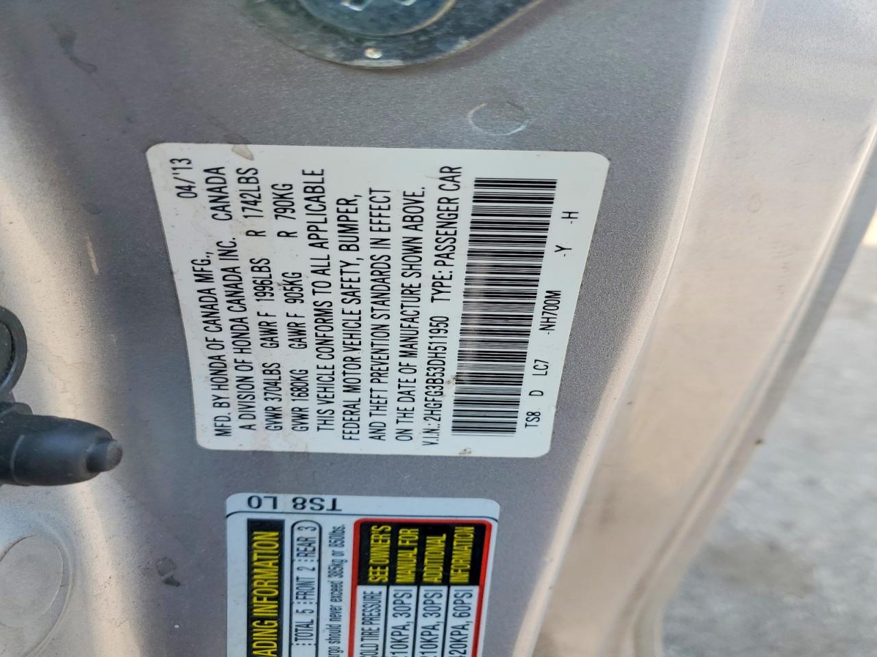 2013 Honda Civic Lx Серебряный vin: 2HGFG3B53DH511950