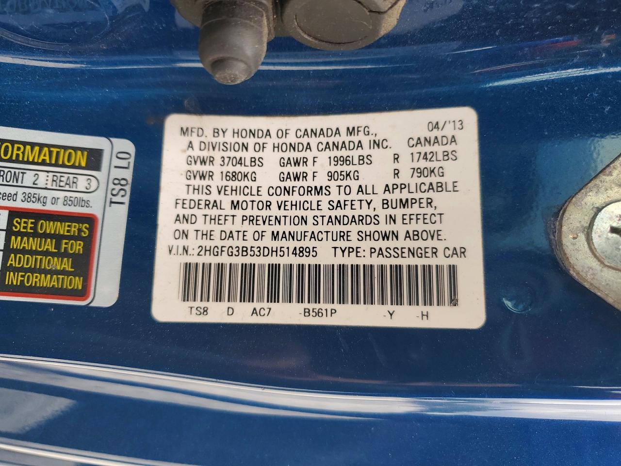 2013 Honda Civic Lx Blue vin: 2HGFG3B53DH514895