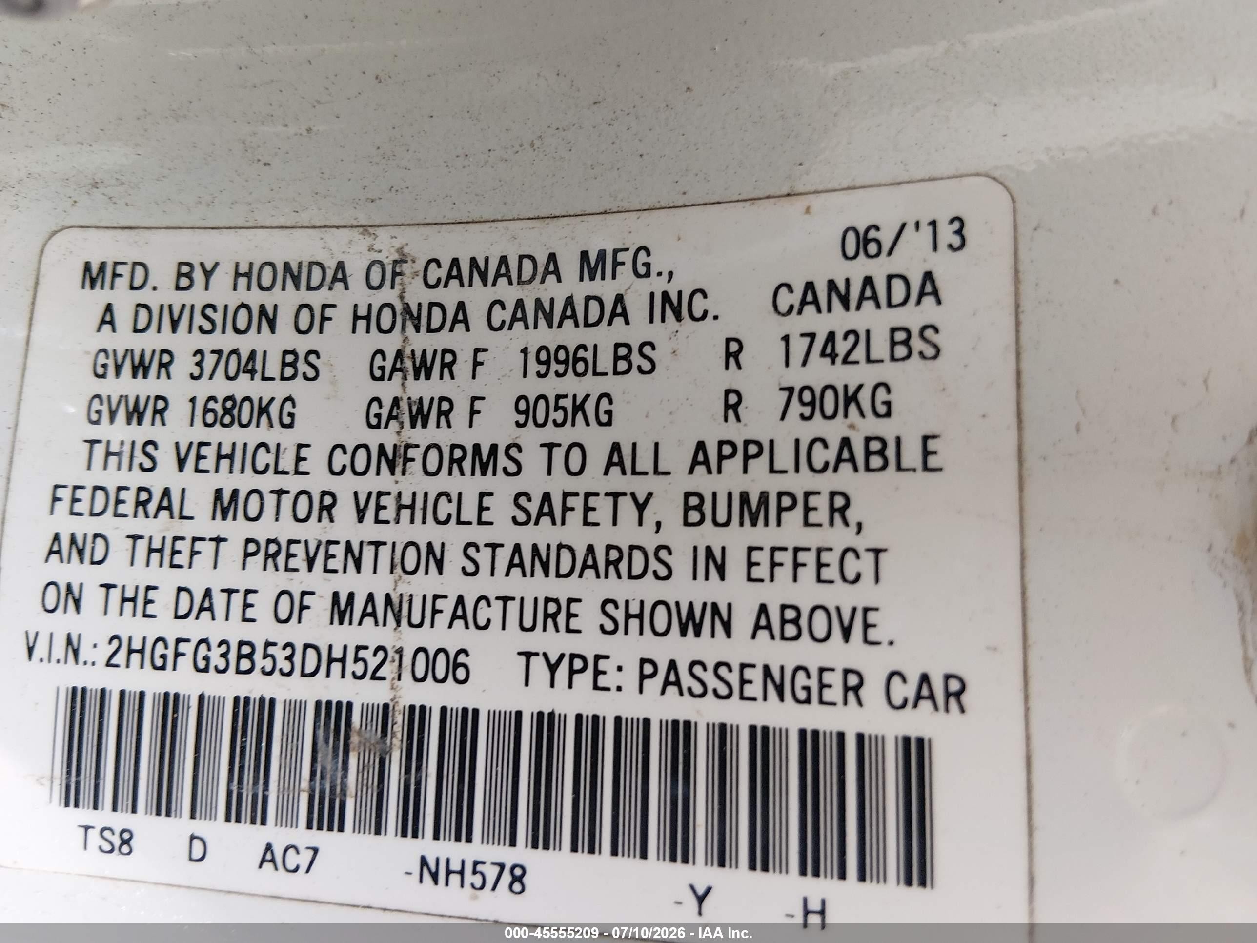 2013 Honda Civic Lx White vin: 2HGFG3B53DH521006