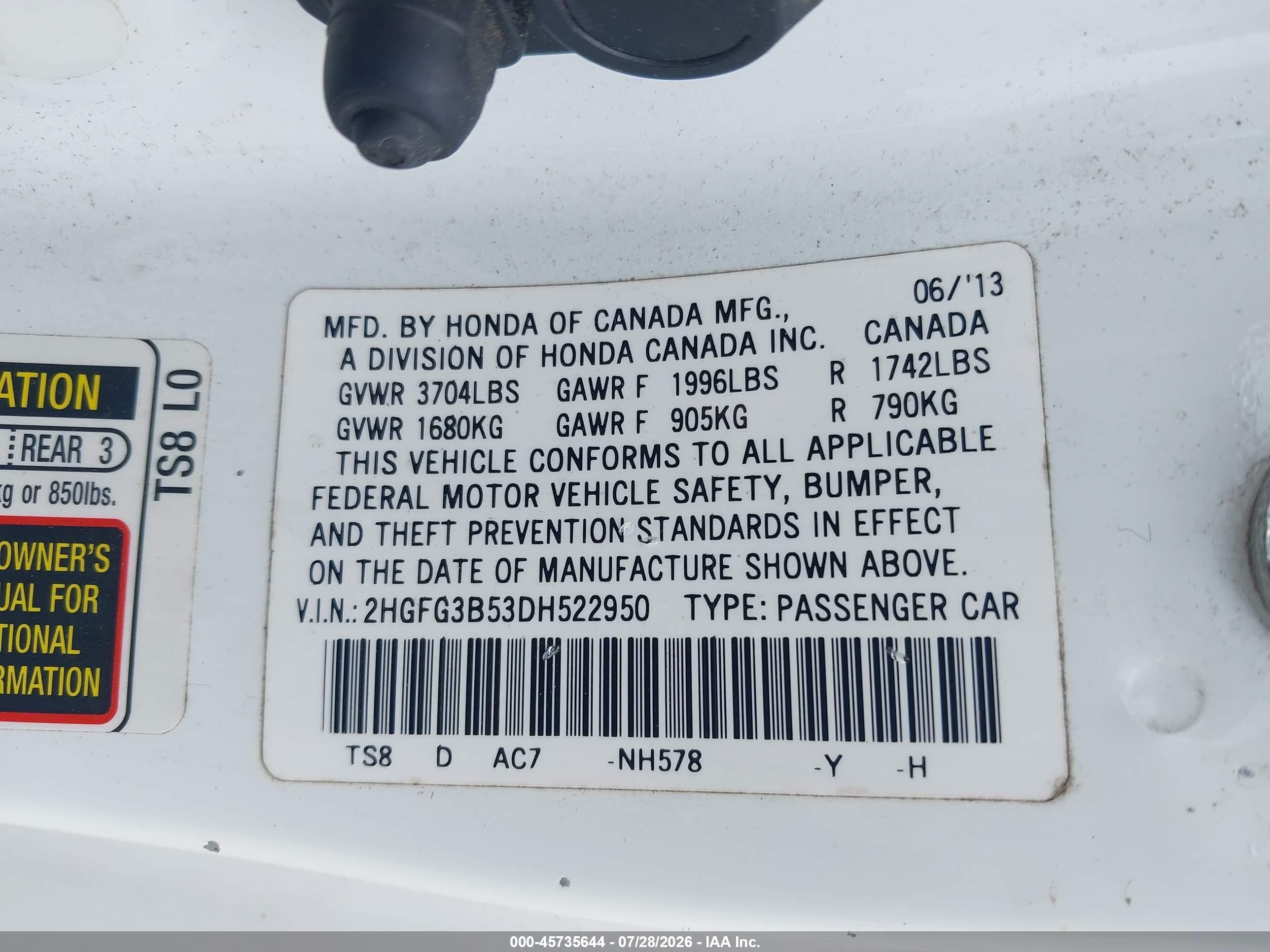 2013 Honda Civic Lx White vin: 2HGFG3B53DH522950