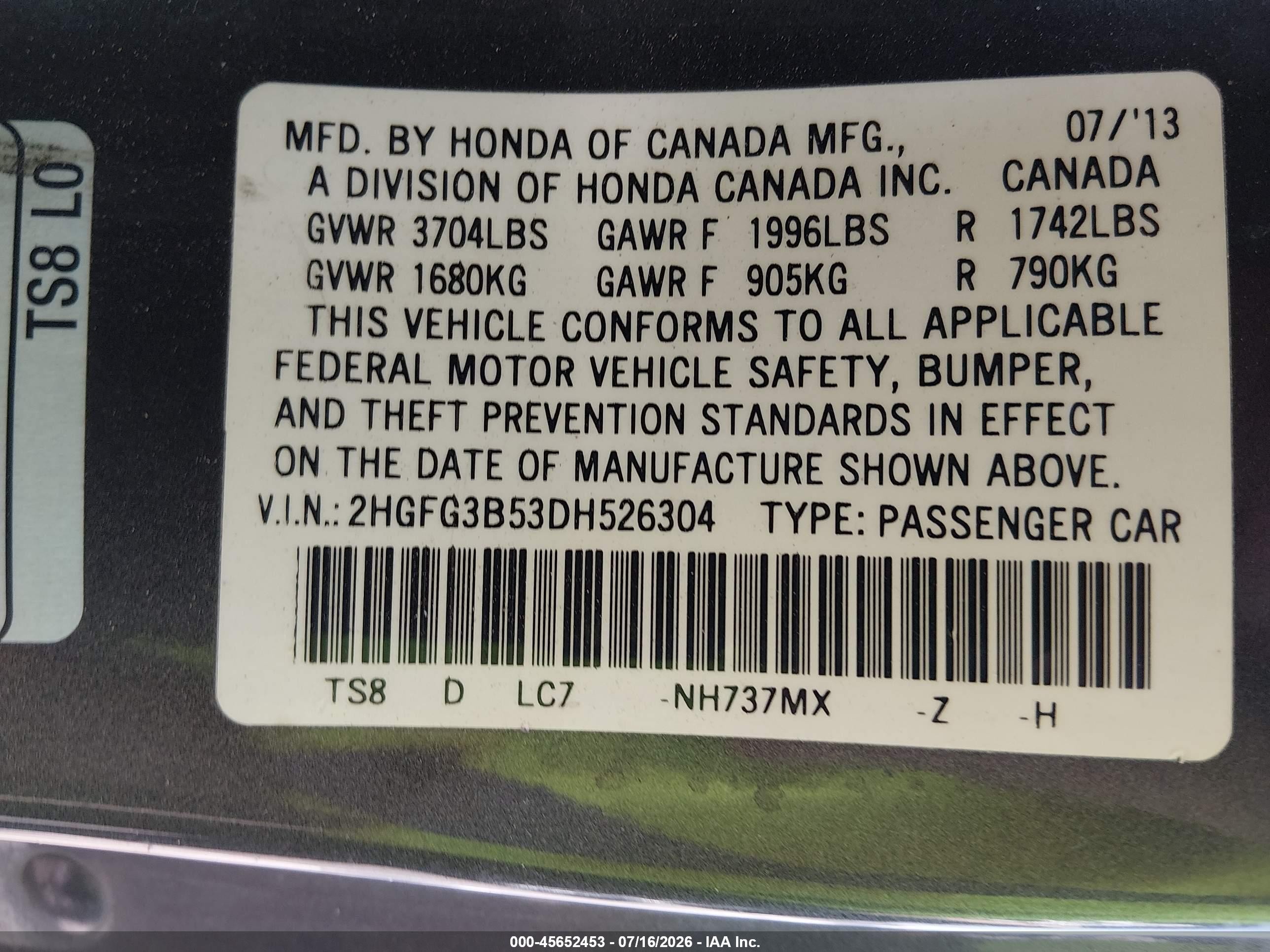 2013 Honda Civic Lx Gray vin: 2HGFG3B53DH526304