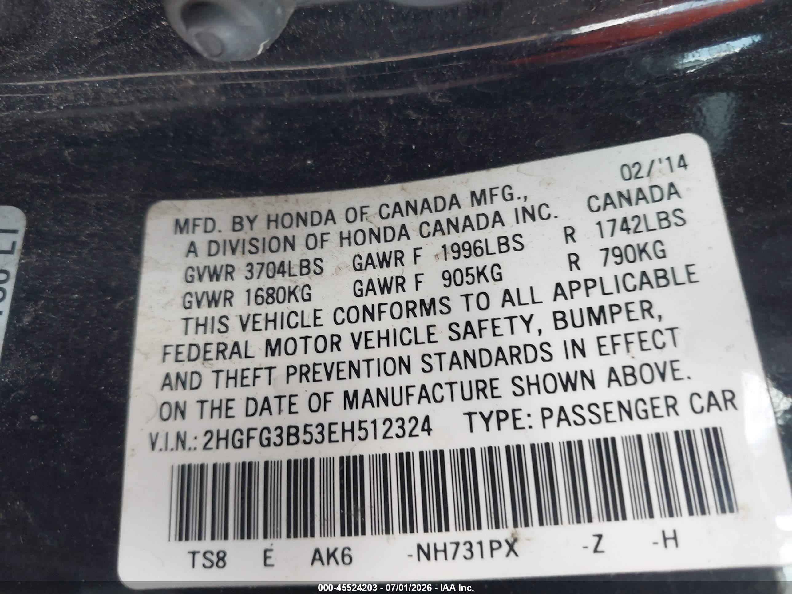 2014 Honda Civic Lx Black vin: 2HGFG3B53EH512324