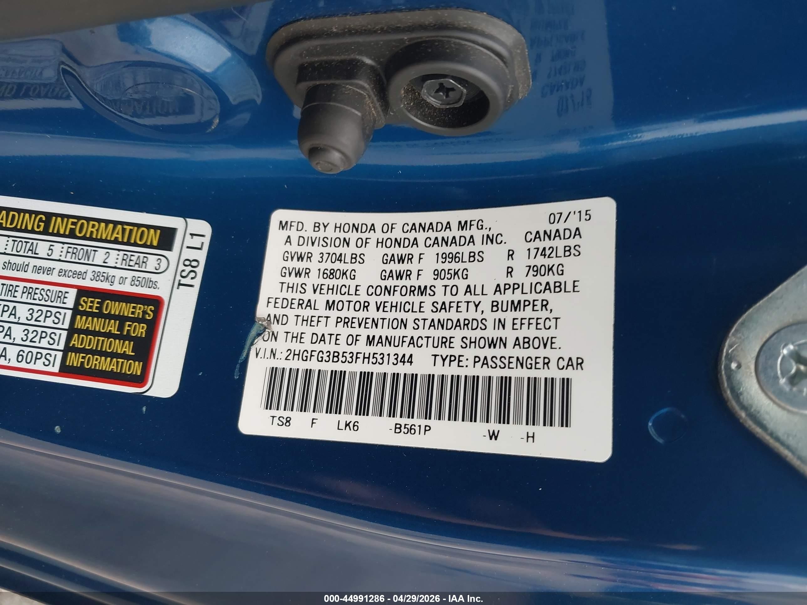 2015 Honda Civic Lx Blue vin: 2HGFG3B53FH531344