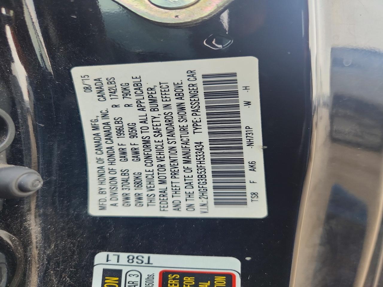 2015 Honda Civic Lx Black vin: 2HGFG3B53FH533434