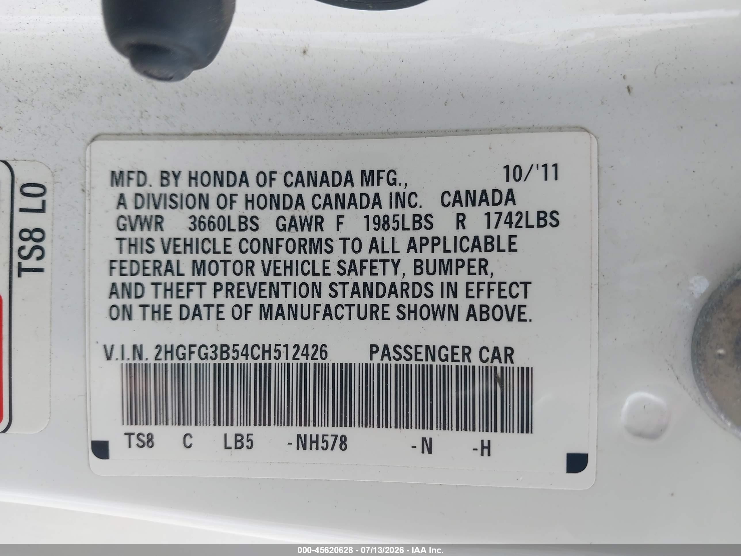 2012 Honda Civic Lx White vin: 2HGFG3B54CH512426