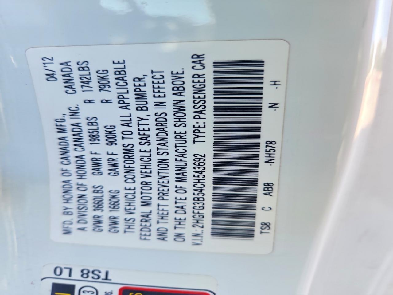 2012 Honda Civic Lx White vin: 2HGFG3B54CH543692
