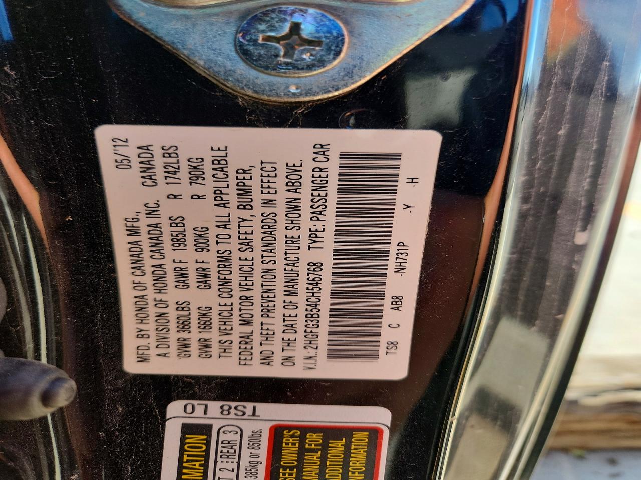 2012 Honda Civic Lx Black vin: 2HGFG3B54CH546768