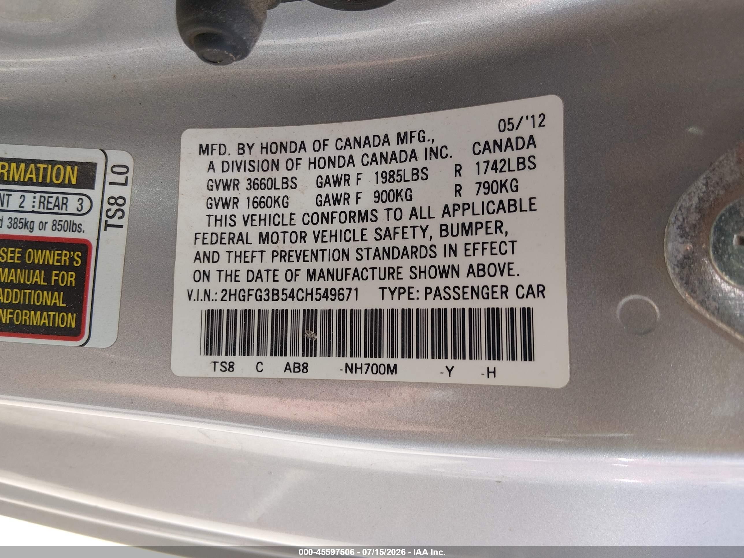 2012 Honda Civic Lx Silver vin: 2HGFG3B54CH549671