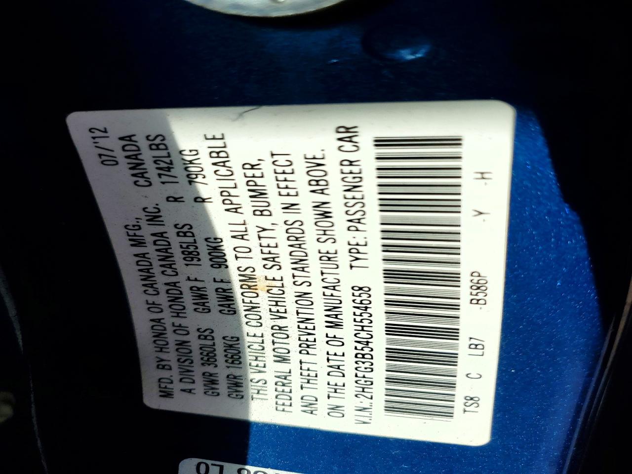 2012 Honda Civic Lx Blue vin: 2HGFG3B54CH554658